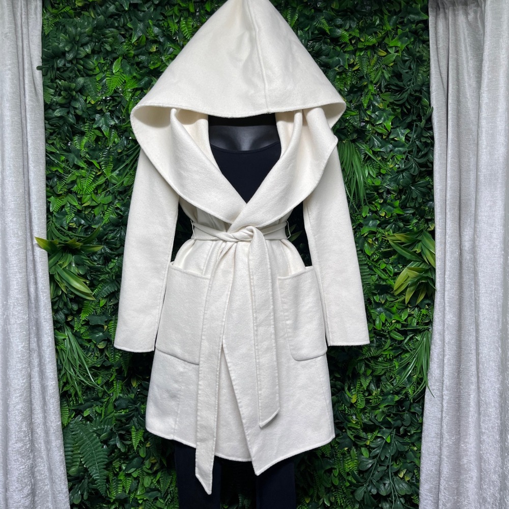 BCBGMAXAZRIA Jacket XS Cream Wool Blend Hooded Wrap Coat Tie Waist 4056